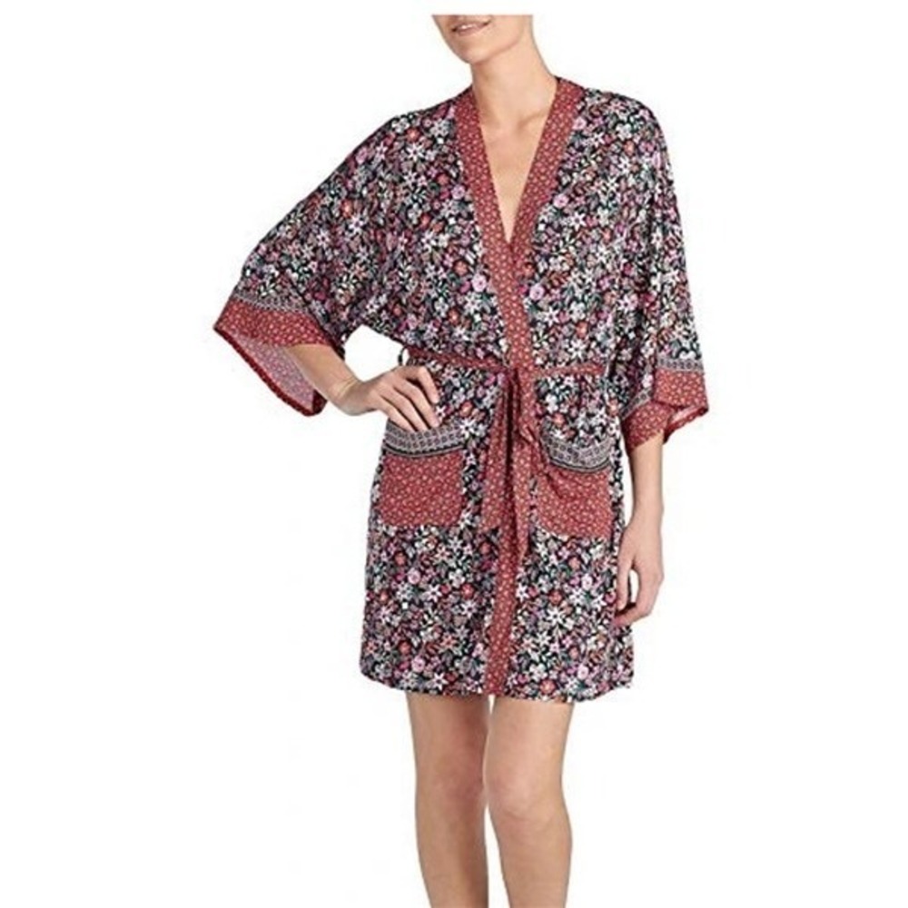 NWt Layla Printed Short Robe & Headband Set Black S/M Floral #71999